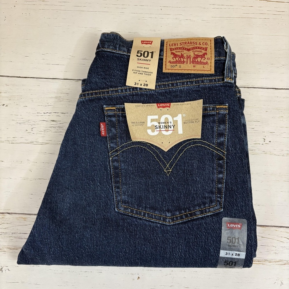 Levi's 501 Skinny Jeans Womens 31x28 Dark Blue High Rise Distressed Button Fly